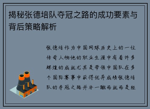 揭秘张德培队夺冠之路的成功要素与背后策略解析