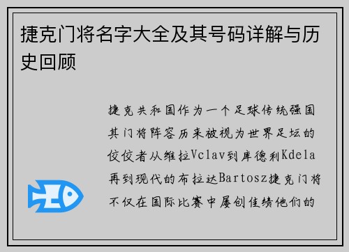 捷克门将名字大全及其号码详解与历史回顾